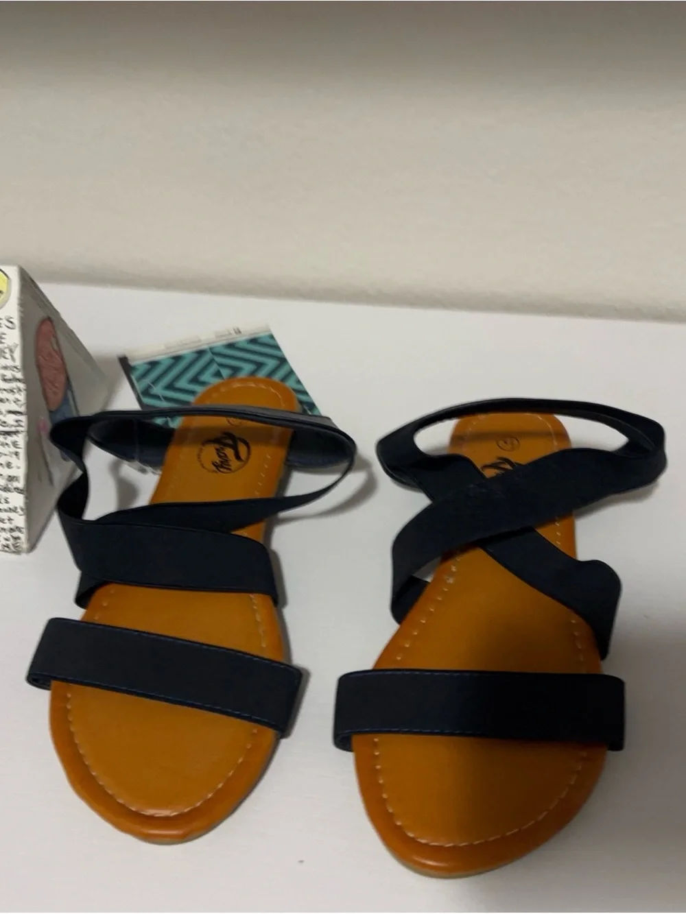 Trary Navy Blue & Tan Strappy Ankle Wrap Comfort Sandals Size 5.5 NWT 🏷️
